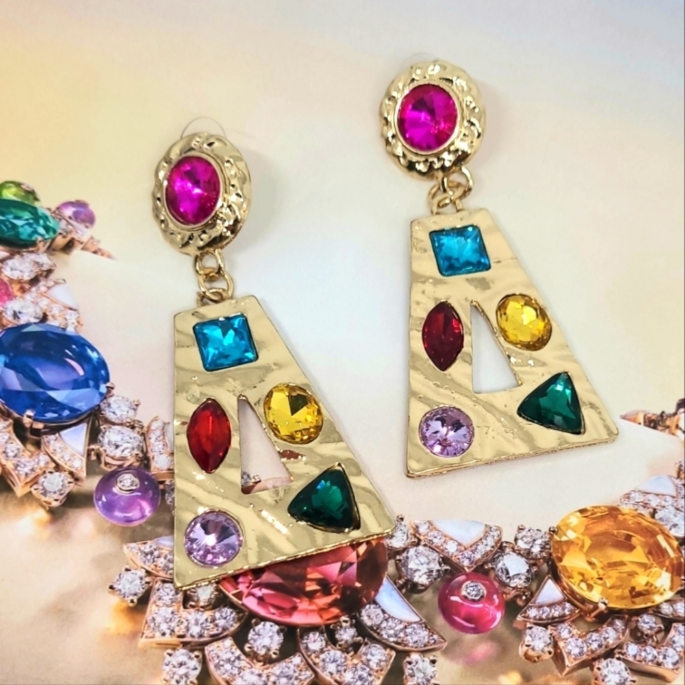 NWT Multi-Color Crystal Retro Gold Earrings